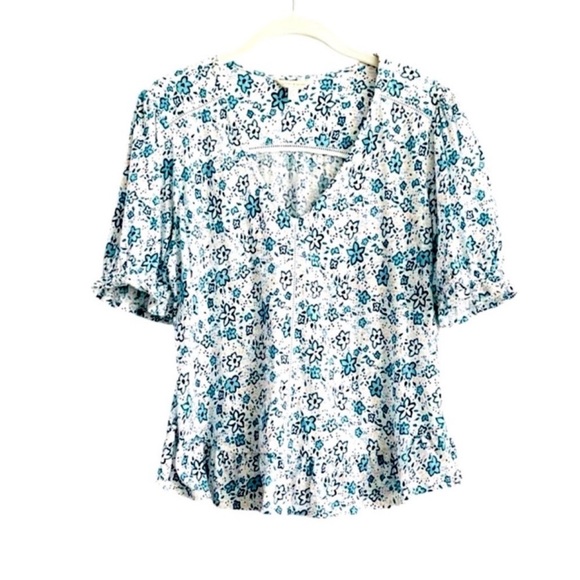 Lucky Brand Ruffle Hem Blouse Puff Sleeve V-neck Floral Teal Blue Green Size S - Picture 2 of 12
